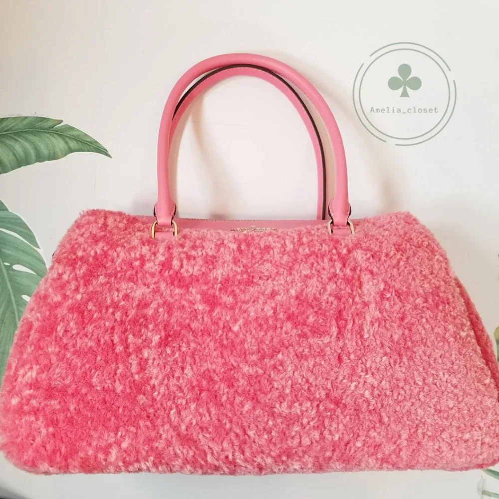 MAKE AN OFFER KATE SPADE MIMI FAUX FUR SATCHEL CROSSBODY BRIGHT BLUSH PINK - Picture 3 of 11